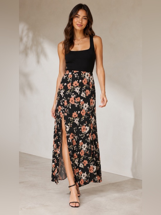 Forever 21 Dresses & Skirts - Forever 21 Black and Peach Floral Maxi Skirt with Leg Slit, Women’s Medium
